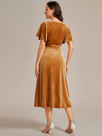 ever LENNA|One-Piece Type Short Sleeves V-Neck Velvet Midi Wedding Guest Dress