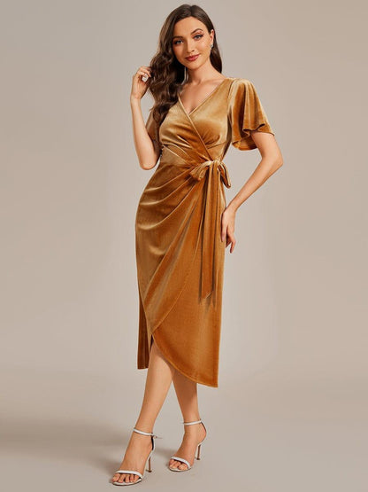 ever LENNA|One-Piece Type Short Sleeves V-Neck Velvet Midi Mother of the Bride Dress