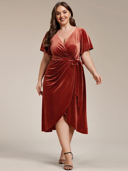 ever LENNA|One-Piece Type Short Sleeves V-Neck Velvet Midi Wedding Guest Dress