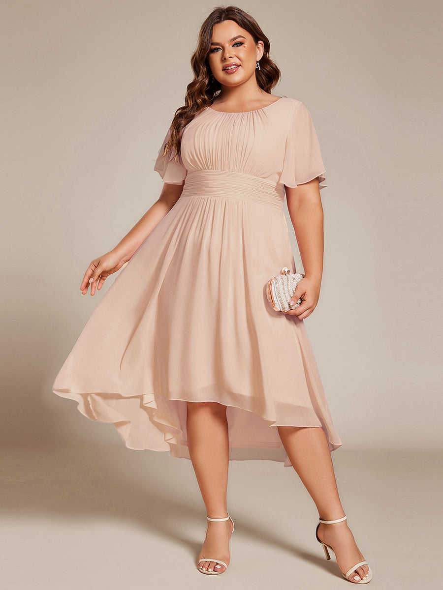 pretty EDEN|Plus Size Pleated Round Neckline A-Line Midi Chiffon Wedding Guest Dress