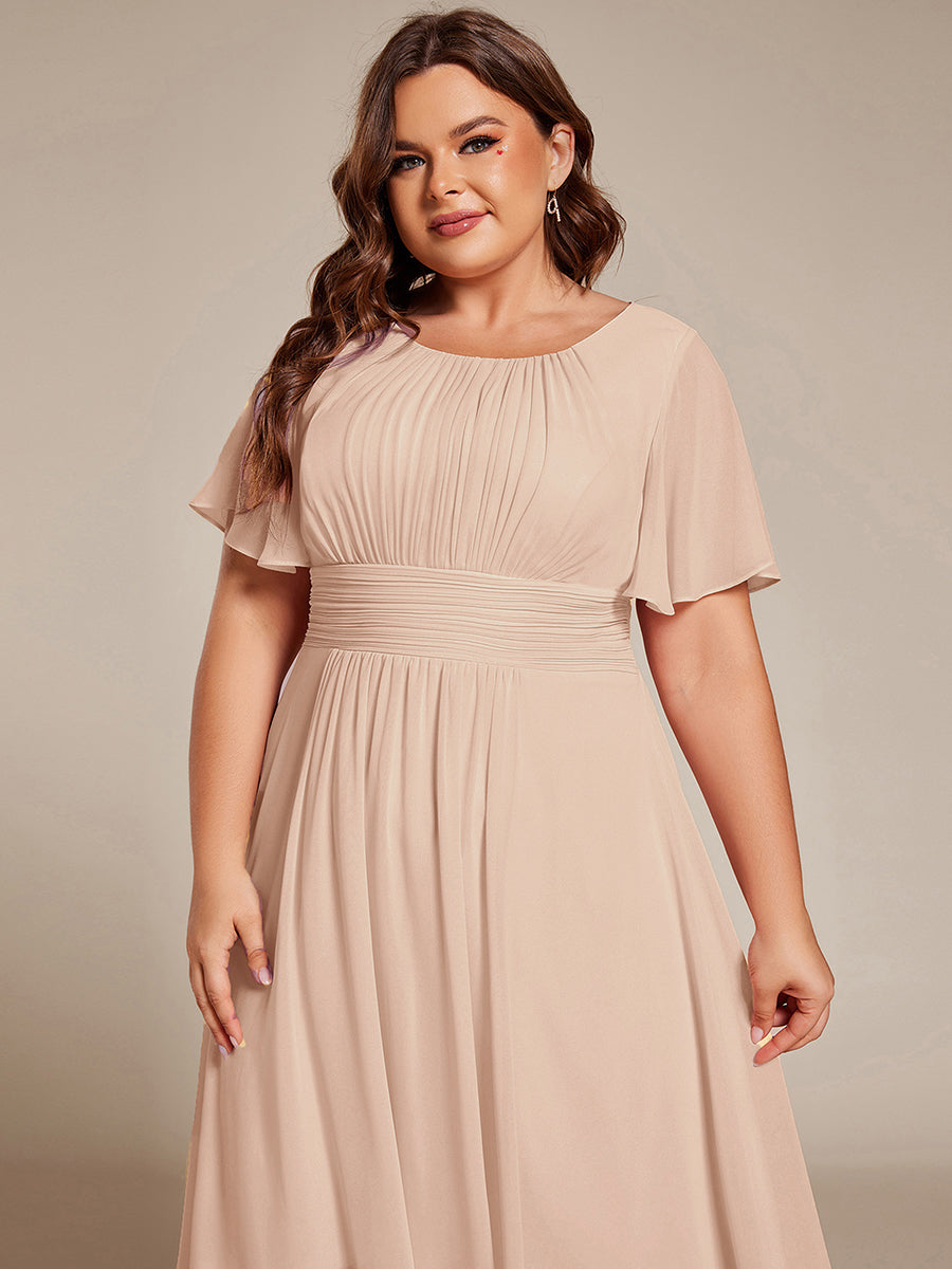pretty EDEN|Plus Size Pleated Round Neckline A-Line Midi Chiffon Wedding Guest Dress