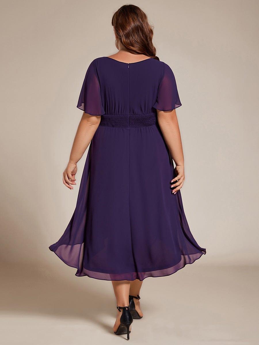 pretty EDEN|Plus Size Pleated Round Neckline A-Line Midi Chiffon Wedding Guest Dress