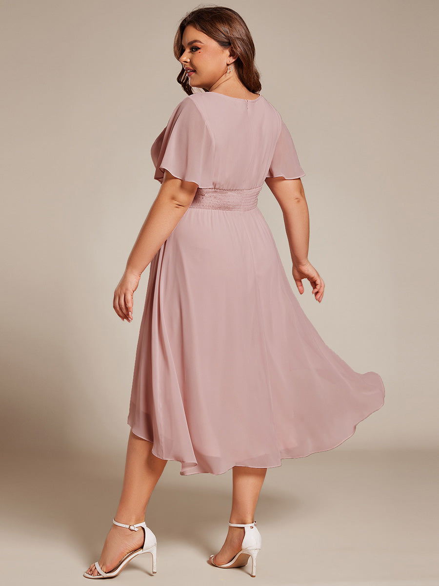pretty EDEN|Plus Size Pleated Round Neckline A-Line Midi Chiffon Wedding Guest Dress