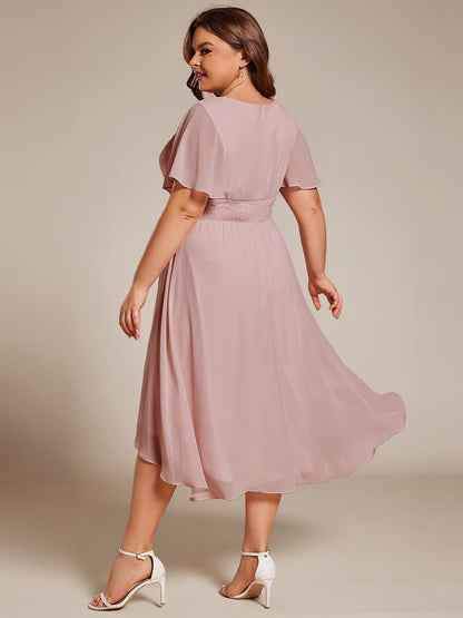pretty EDEN|Plus Size Pleated Round Neckline A-Line Midi Chiffon Wedding Guest Dress