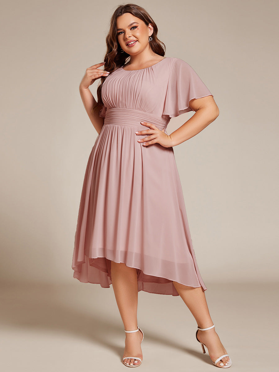 pretty EDEN|Plus Size Pleated Round Neckline A-Line Midi Chiffon Wedding Guest Dress