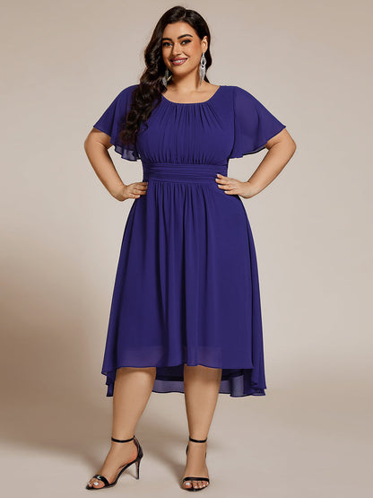 pretty EDEN|Plus Size Pleated Round Neckline A-Line Midi Chiffon Wedding Guest Dress