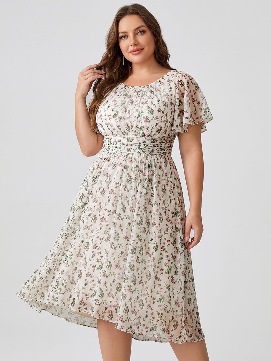 pretty EDEN|Plus Size Pleated Round Neckline A-Line Midi Chiffon Wedding Guest Dress