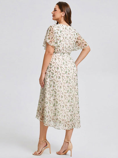 pretty EDEN|Plus Size Pleated Round Neckline A-Line Midi Chiffon Wedding Guest Dress
