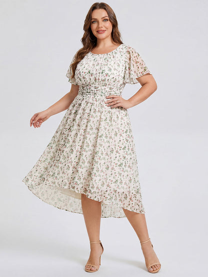 pretty EDEN|Plus Size Pleated Round Neckline A-Line Midi Chiffon Wedding Guest Dress