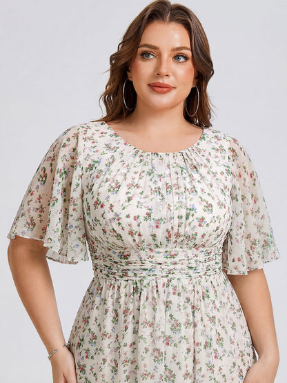 pretty EDEN|Plus Size Pleated Round Neckline A-Line Midi Chiffon Wedding Guest Dress