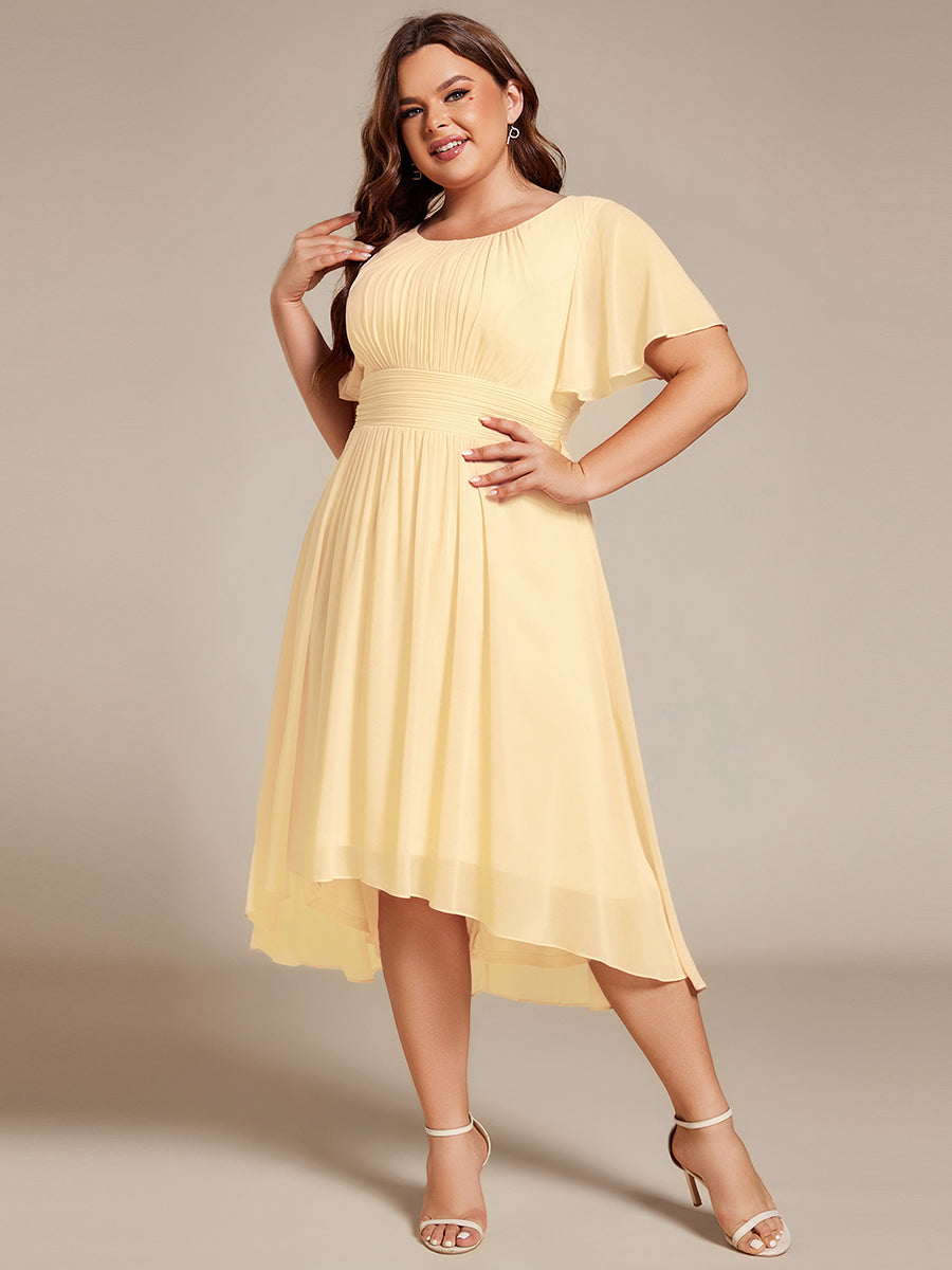 pretty EDEN|Plus Size Pleated Round Neckline A-Line Midi Chiffon Wedding Guest Dress