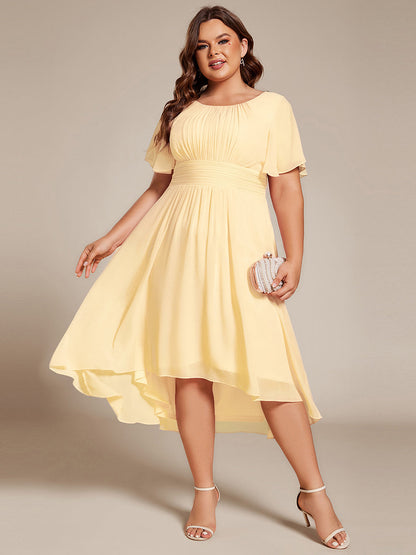 pretty EDEN|Plus Size Pleated Round Neckline A-Line Midi Chiffon Wedding Guest Dress