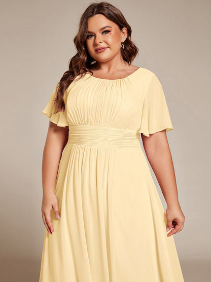 pretty EDEN|Plus Size Pleated Round Neckline A-Line Midi Chiffon Wedding Guest Dress
