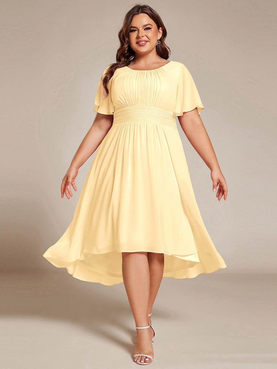 pretty EDEN|Plus Size Pleated Round Neckline A-Line Midi Chiffon Wedding Guest Dress