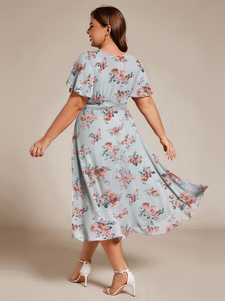 pretty EDEN|Plus Size Pleated Round Neckline A-Line Midi Chiffon Wedding Guest Dress