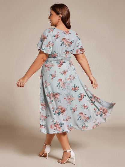 pretty EDEN|Plus Size Pleated Round Neckline A-Line Midi Chiffon Wedding Guest Dress