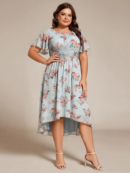 pretty EDEN|Plus Size Pleated Round Neckline A-Line Midi Chiffon Wedding Guest Dress