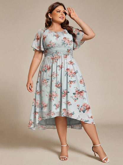 pretty EDEN|Plus Size Pleated Round Neckline A-Line Midi Chiffon Wedding Guest Dress