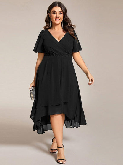 ever LARK|Pleated Chiffon Ruffles Sleeve Midi Semi Formal Dress