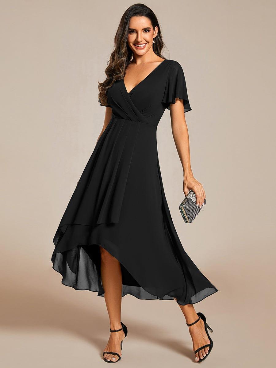 ever LARK|Pleated Chiffon Ruffles Sleeve Midi Semi Formal Dress