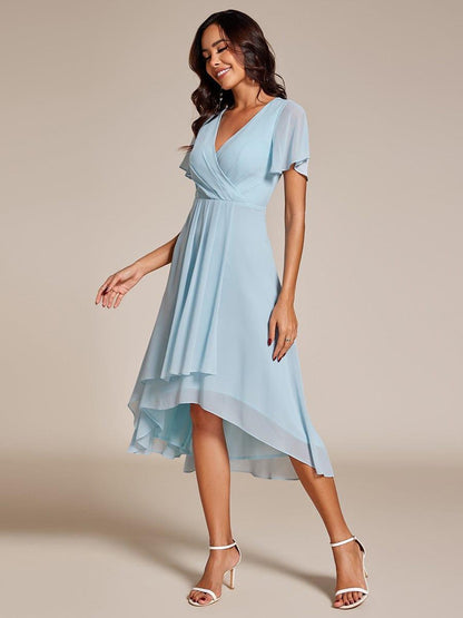 ever LARK|Pleated Chiffon Ruffles Sleeve Midi Semi Formal Dress