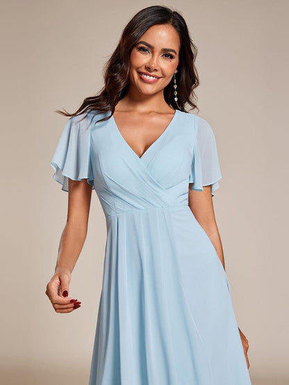 ever LARK|Pleated Chiffon Ruffles Sleeve Midi Semi Formal Dress