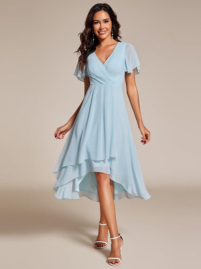 ever LARK|Pleated Chiffon Ruffles Sleeve Midi Semi Formal Dress