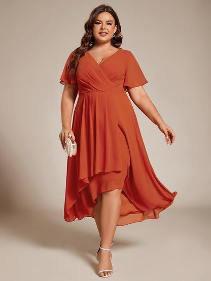 Deep V-Neck Chiffon Ruffle Sleeve Wedding Guest Dress