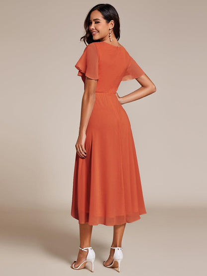 ever LARK|Pleated Chiffon Ruffles Sleeve Midi Bridesmaid Dress