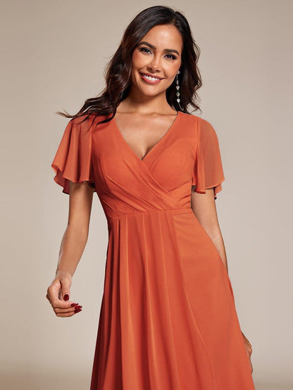 ever LARK|Pleated Chiffon Ruffles Sleeve Midi Semi Formal Dress