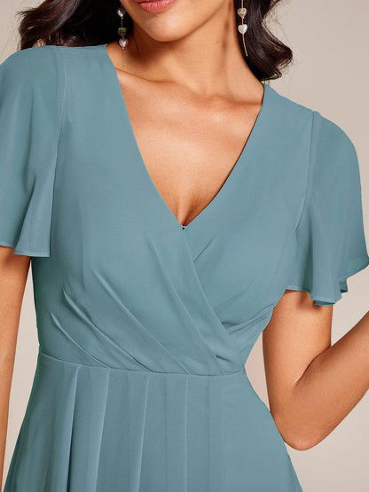ever LARK|Pleated Chiffon Ruffles Sleeve Midi Semi Formal Dress