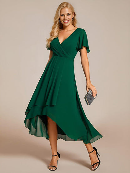 ever LARK|Pleated Chiffon Ruffles Sleeve Midi Bridesmaid Dress