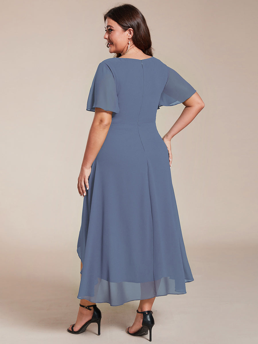 ever LARK|Ruffles Sleeve Pleated V-Neck A-Line Midi Chiffon Wedding Guest Dress