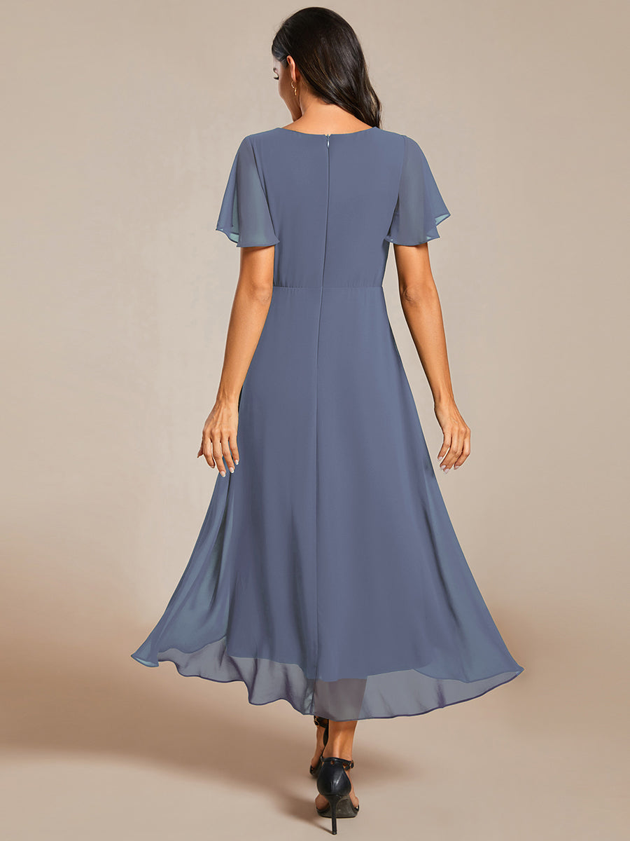ever LARK|Ruffles Sleeve Pleated V-Neck A-Line Midi Chiffon Wedding Guest Dress