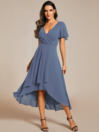 ever LARK|Ruffles Sleeve Pleated V-Neck A-Line Midi Chiffon Wedding Guest Dress
