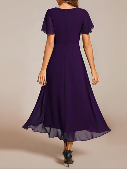 ever LARK|Pleated Chiffon Ruffles Sleeve Midi Bridesmaid Dress