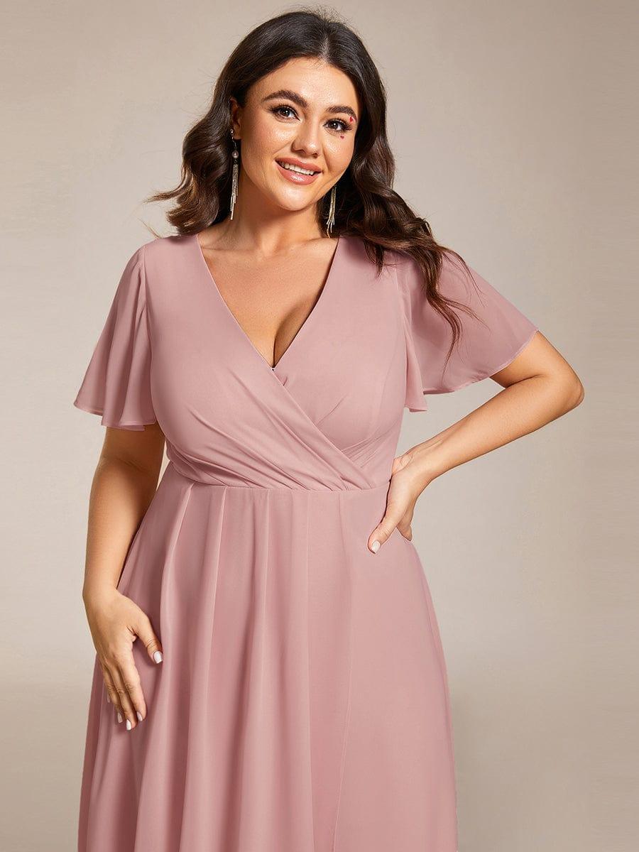 ever LARK|Ruffles Sleeve Pleated V-Neck A-Line Midi Chiffon Wedding Guest Dress