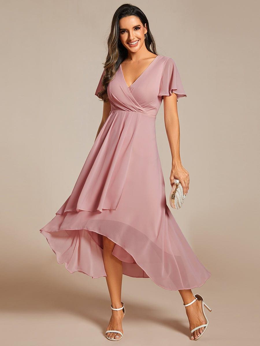 ever LARK|Ruffles Sleeve Pleated V-Neck A-Line Midi Chiffon Wedding Guest Dress