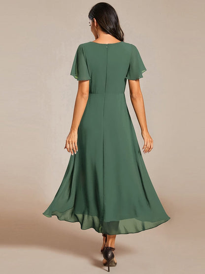 ever LARK|Pleated Chiffon Ruffles Sleeve Midi Semi Formal Dress