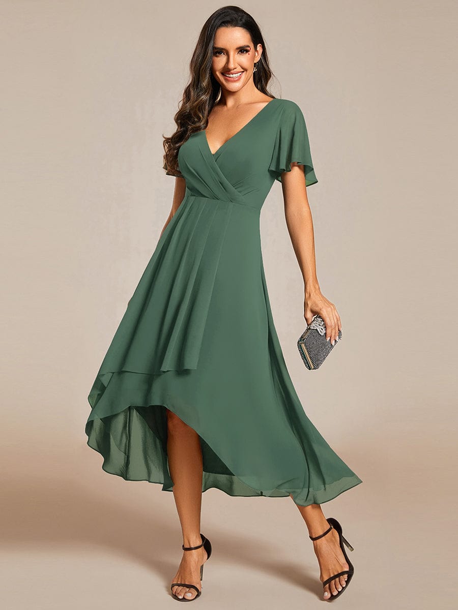 ever LARK|Pleated Chiffon Ruffles Sleeve Midi Semi Formal Dress