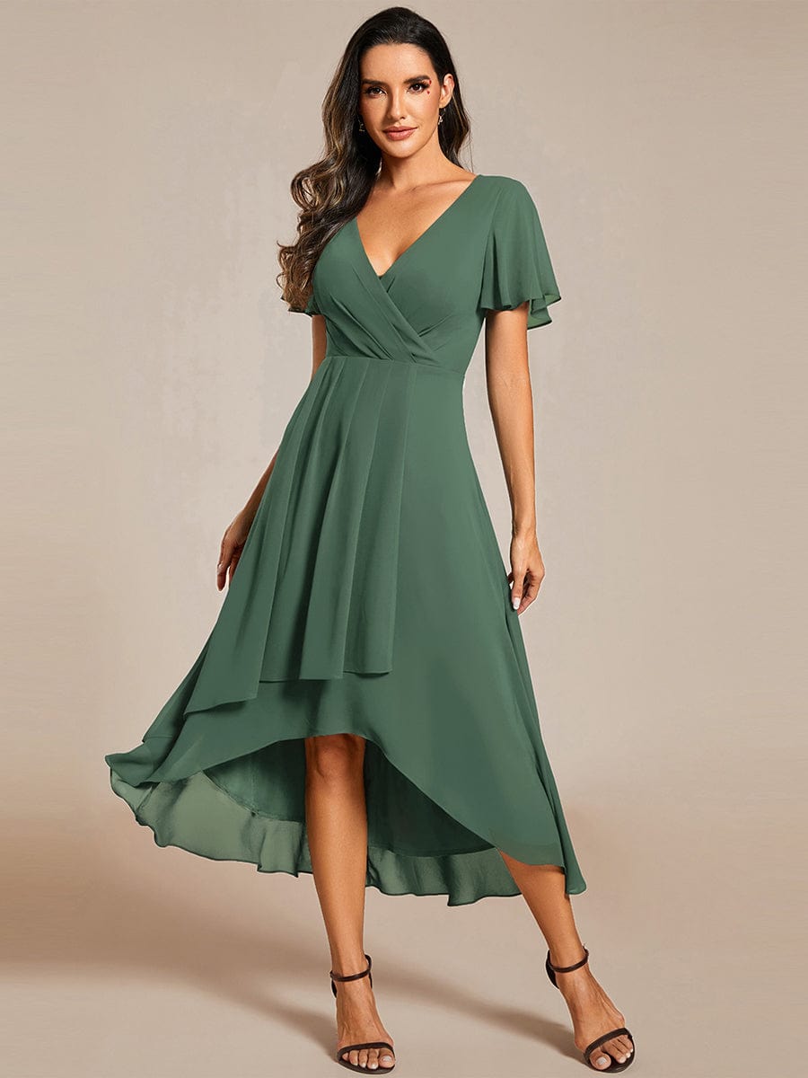 ever LARK|Pleated Chiffon Ruffles Sleeve Midi Semi Formal Dress