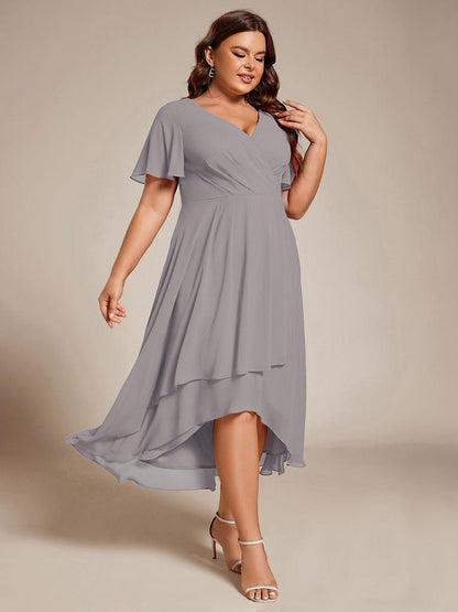 pretty LARK|Plus Size Chiffon Short Sleeves Pleated V-Neck A-Line Midi Wedding Guest Dress