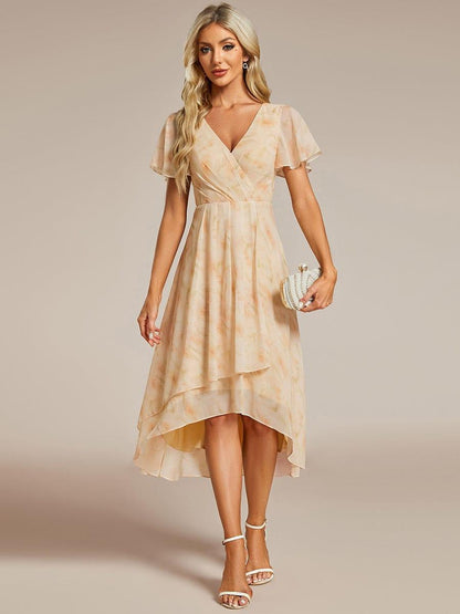 ever LARK|Pleated Chiffon Ruffles Sleeve Midi Semi Formal Dress