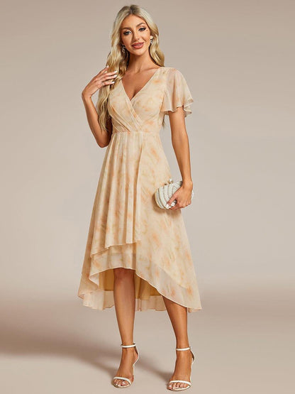 ever LARK|Pleated Chiffon Ruffles Sleeve Midi Semi Formal Dress