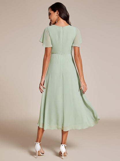 ever LARK|Pleated Chiffon Ruffles Sleeve Midi Semi Formal Dress