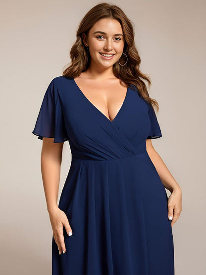 ever LARK|Ruffles Sleeve Pleated V-Neck A-Line Midi Chiffon Wedding Guest Dress