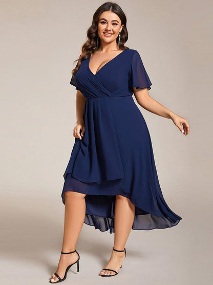 pretty LARK|Plus Size Chiffon Short Sleeves Pleated V-Neck A-Line Midi Wedding Guest Dress