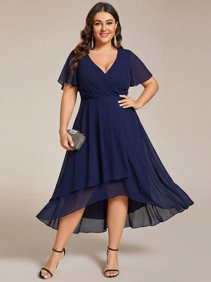 pretty LARK|Plus Size Chiffon Short Sleeves Pleated V-Neck A-Line Midi Wedding Guest Dress