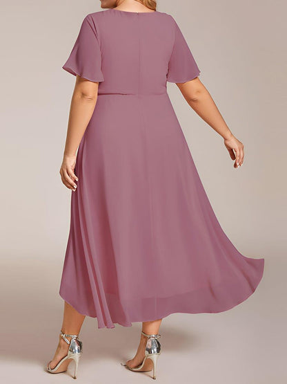 ever LARK|Pleated Chiffon Ruffles Sleeve Midi Semi Formal Dress