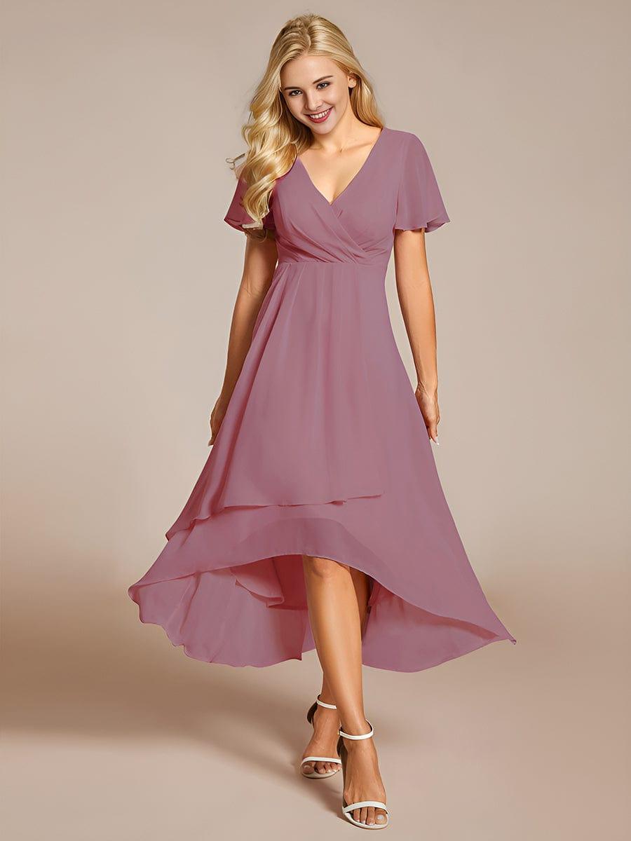 ever LARK|Ruffles Sleeve Pleated V-Neck A-Line Midi Chiffon Wedding Guest Dress